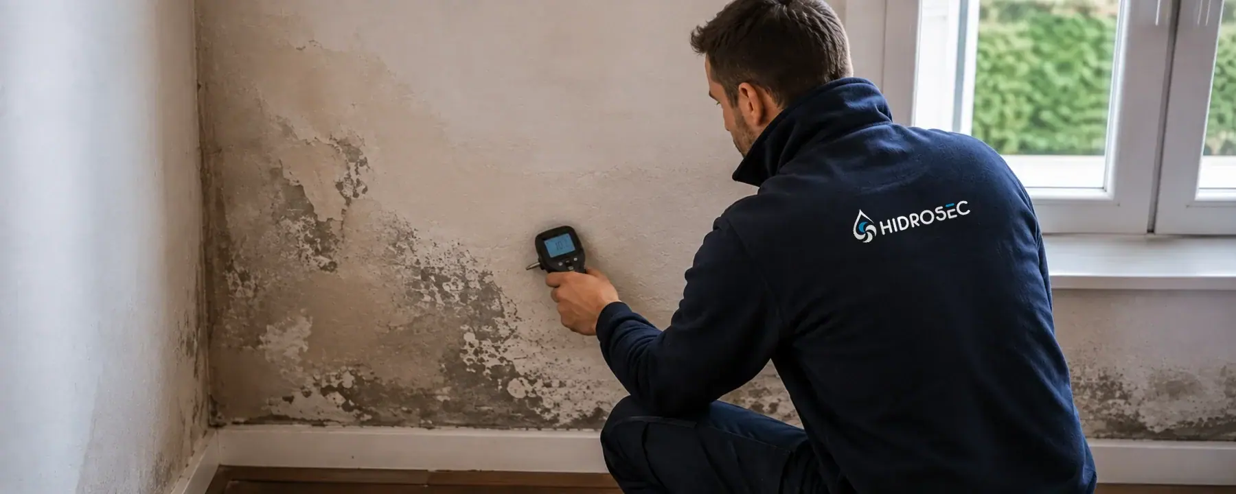 Illustration d’un diagnostic d’humidité : mesure sur un mur dégradé